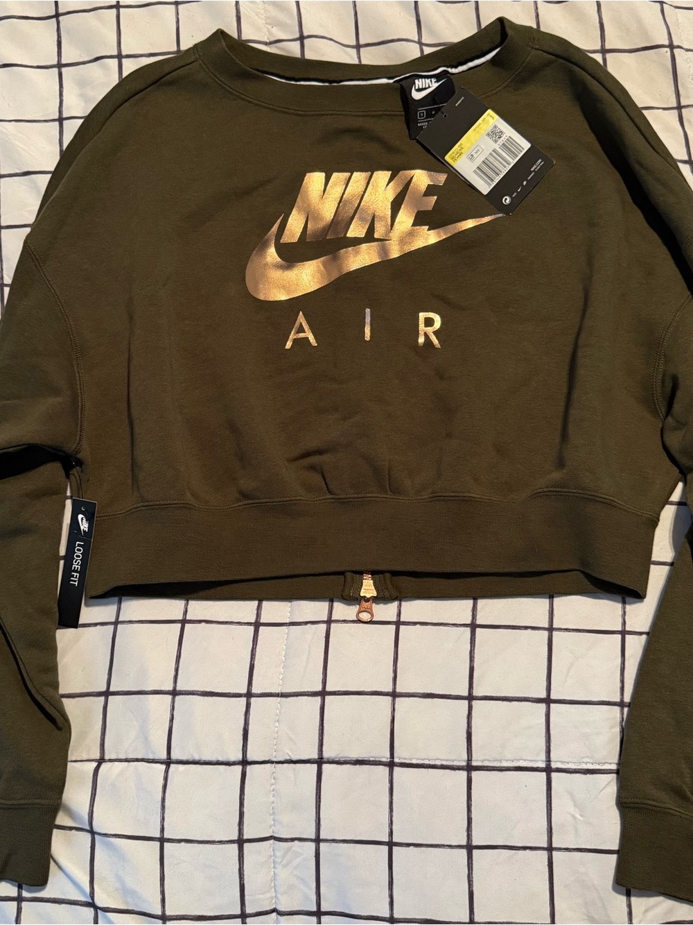 Nike Olive Green Cropped Sweatshirt with Metallic Gold Logo